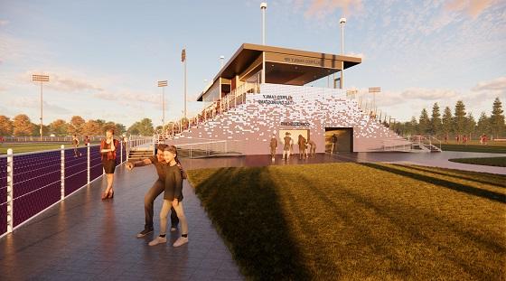 rendering of grand-stand with people watching students running on a track